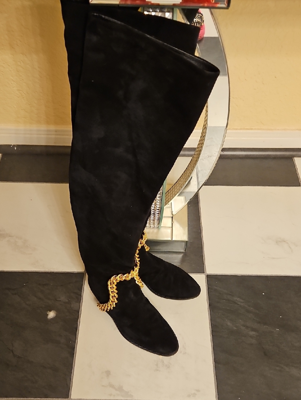 Giuseppe Zanotti Black Over-the-Knee Boots with Gold Chain Detail